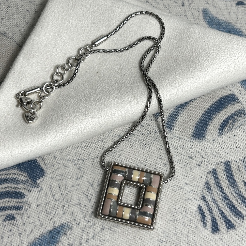 Brighton Cabana Necklace Neutral Tones Square Pendant Silver Plated 18"L - Picture 5 of 15
